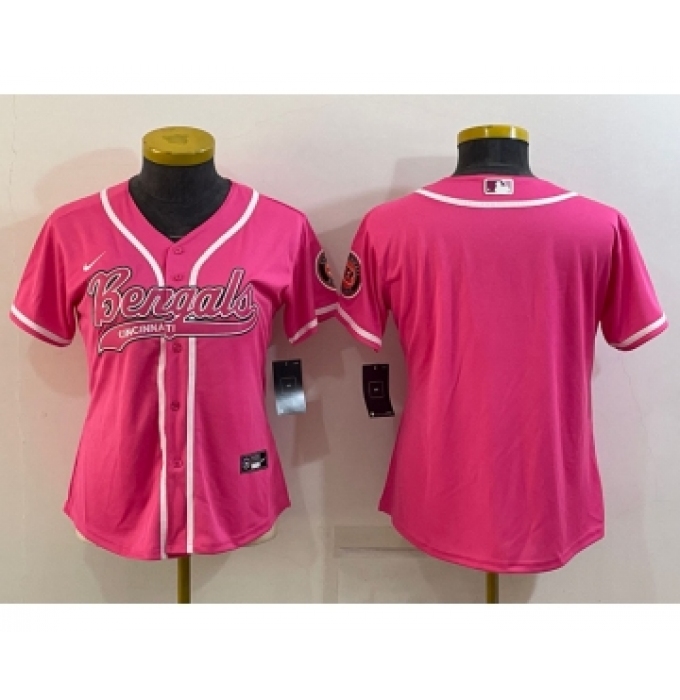 Women's Cincinnati Bengals Blank Pink With Patch Cool Base Stitched Baseball Jersey