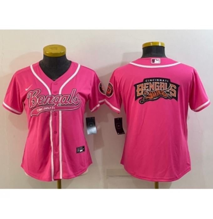Women's Cincinnati Bengals Pink Team Big Logo With Patch Cool Base Stitched Baseball Jersey