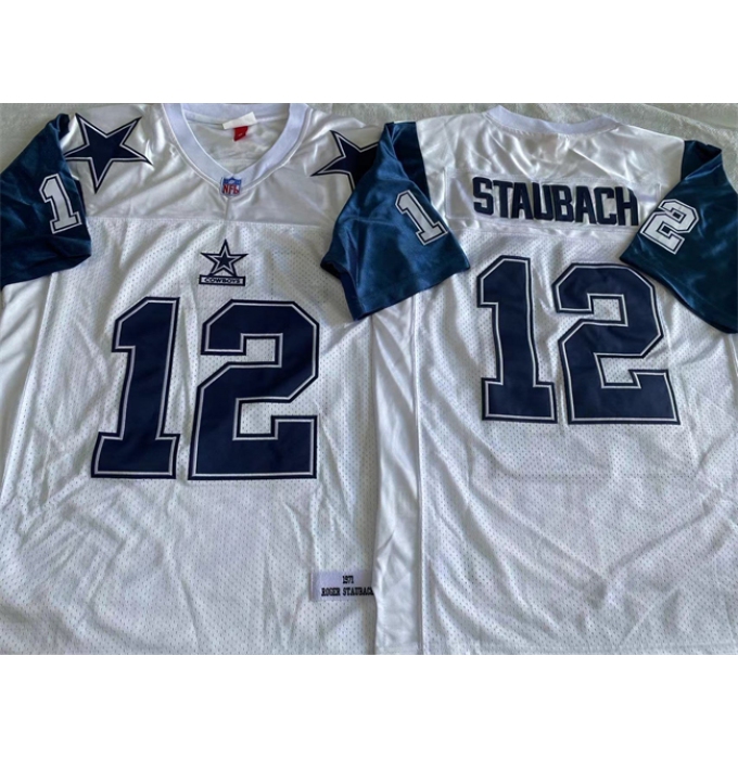 Men's Dallas Cowboys #12 Roger Staubach White Throwback Stitched Football Jersey