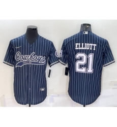 Men's Dallas Cowboys #21 Ezekiel Elliott Navy Blue Pinstripe With Patch Cool Base Stitched Baseball Jersey