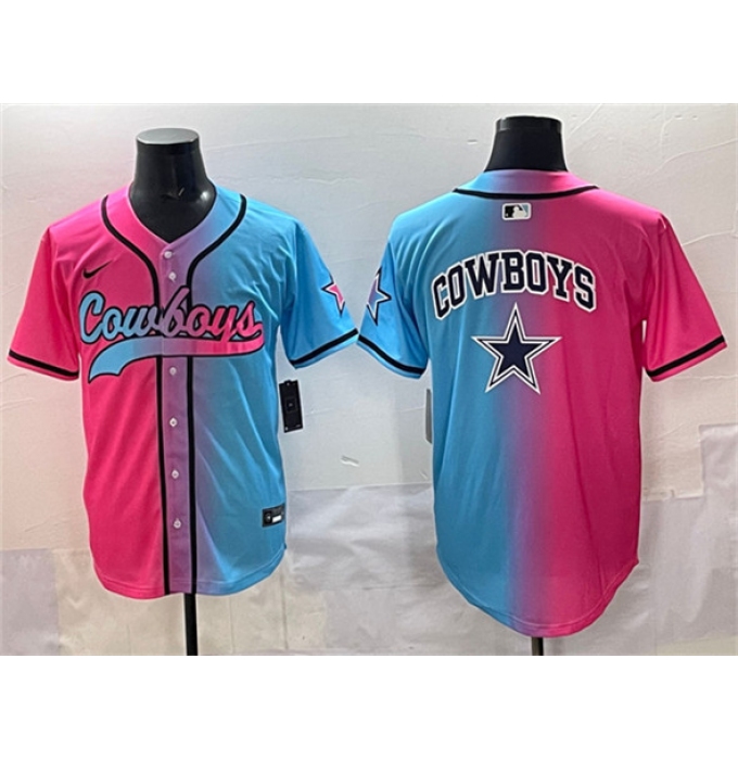 Men's Dallas Cowboys Team Big Logo Pink Blue Limited Stitched Baseball Jersey