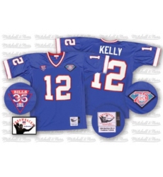 Mitchell And Ness Buffalo Bills #12 Jim Kelly Royal Blue 35th Anniversary Patch Authentic Throwback NFL Jersey