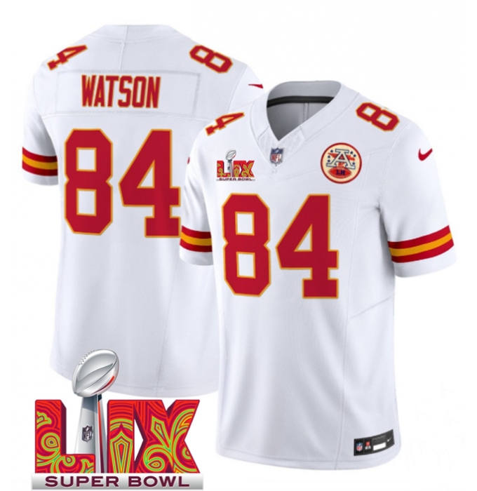 Men's Kansas City Chiefs #84 Justin Watson White 2025 Super Bowl LIX F.U.S.E. Vapor Limited Stitched Football Jersey